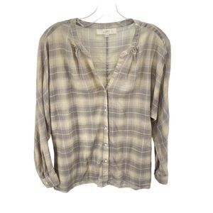 LOFT Womens Button Down Blouse Windowpane Lightweight Long Sleeve Beige Small